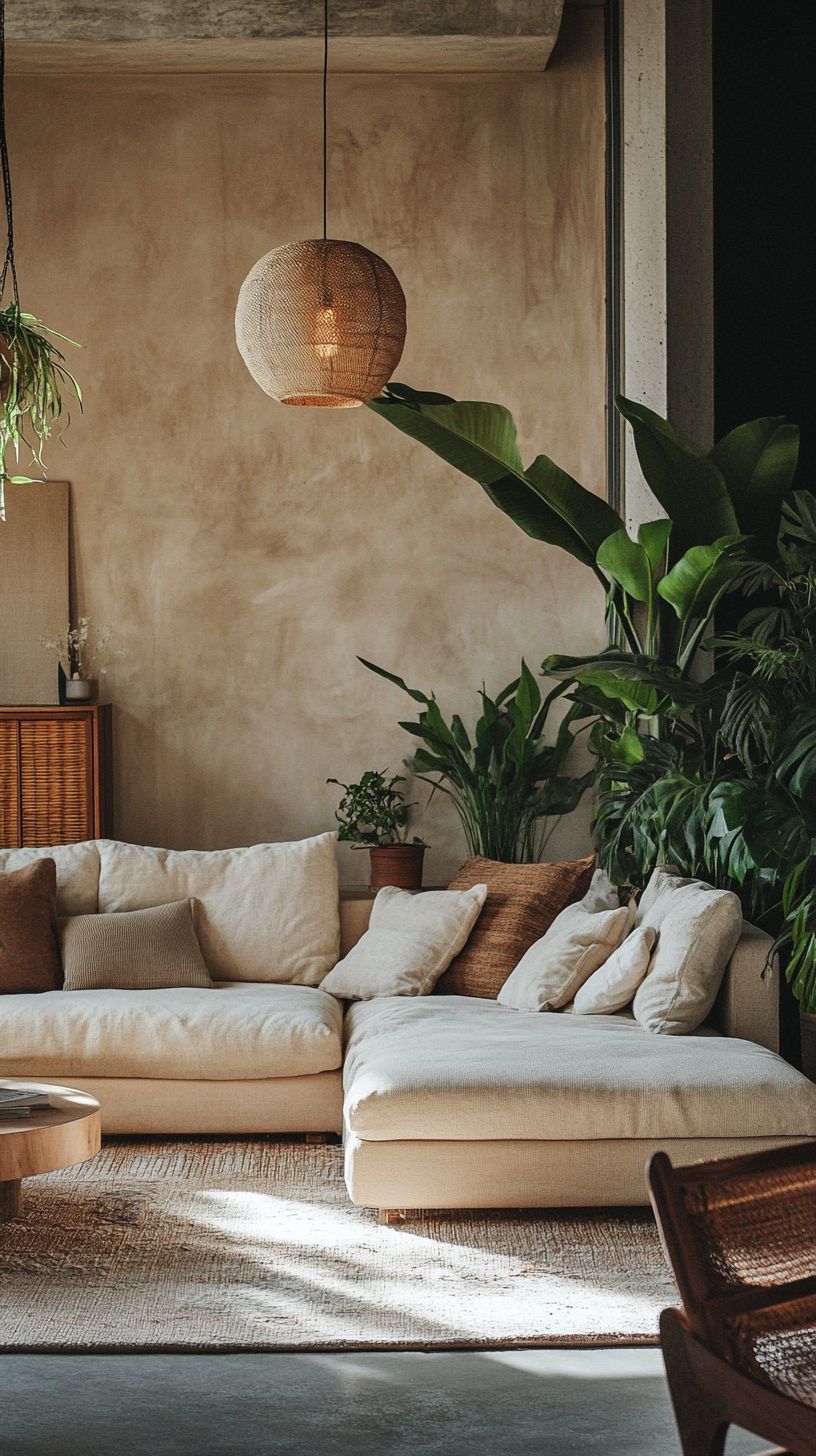 Warm layered living room with neutral seating and sculptural plants