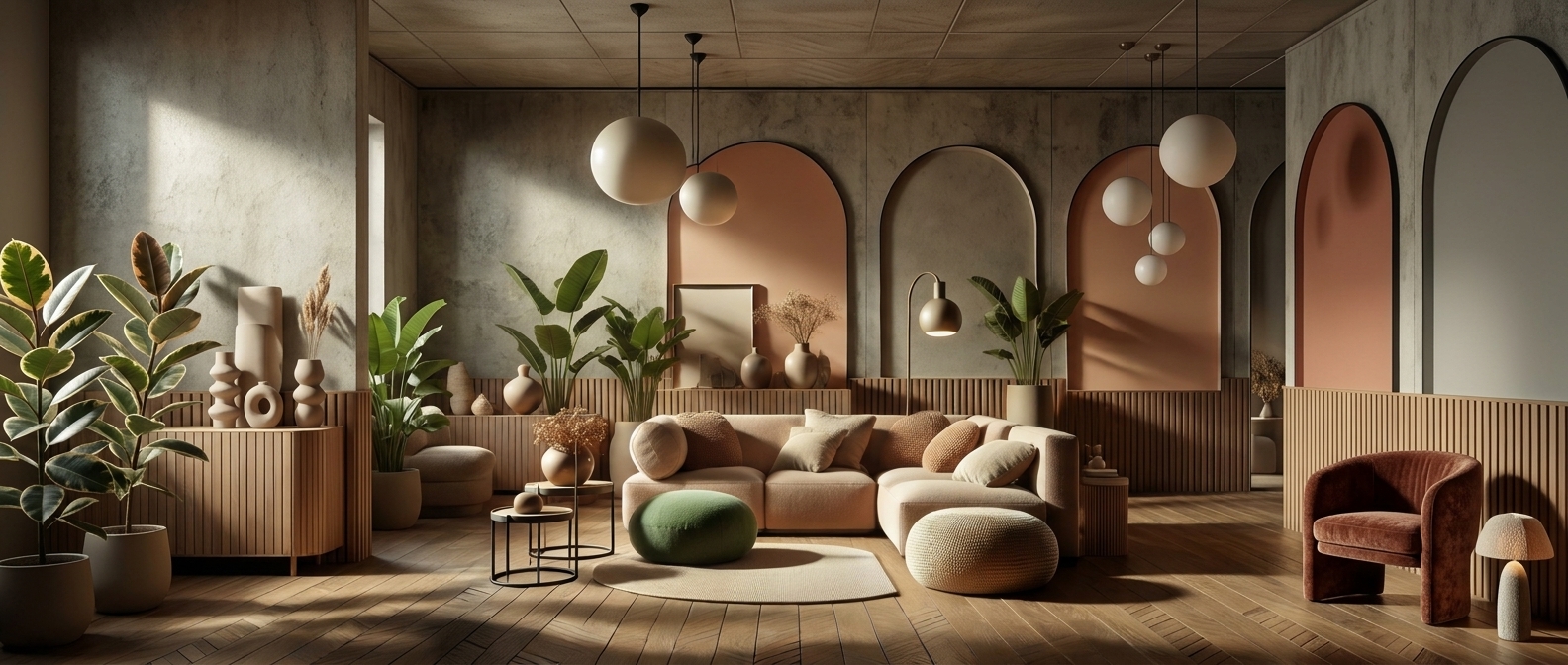 A warm, layered living room designed by Roomify