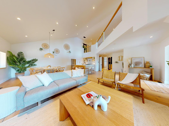 Open-plan living room with lake views